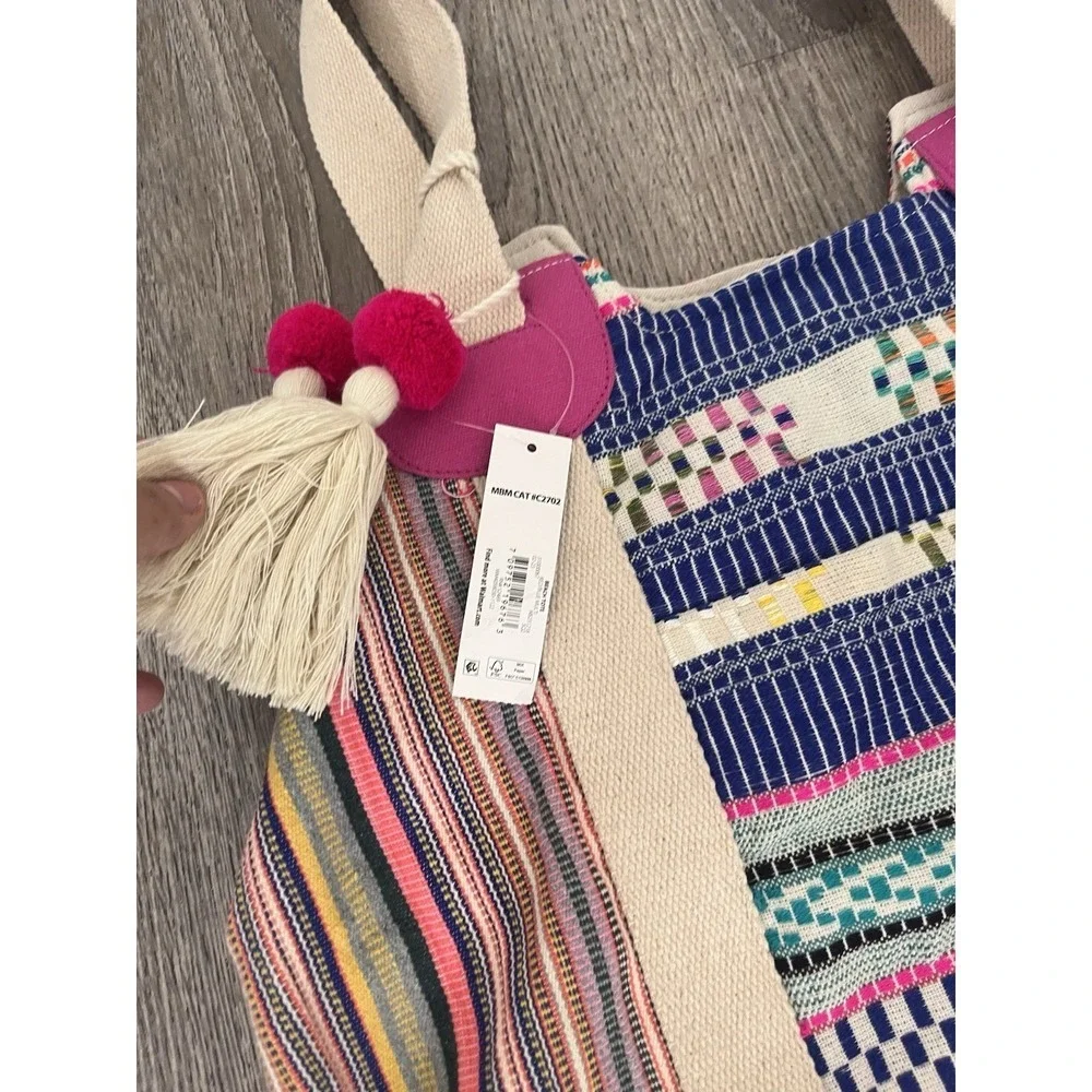 Boho Striped Canvas Tote Bag Tassels Bohemian Festival Beach Shoulder Bag NWT